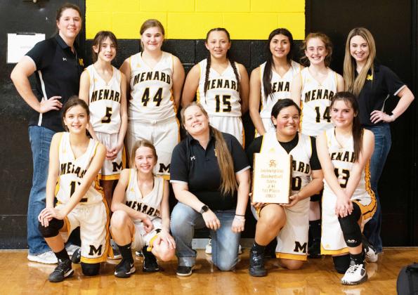 MENARD JUNIOR HIGH LADY JUNIOR JACKETS ARE DISTRICT CHAMPS! Front row, L-R: Lorelei White, Tatum Chambless, Coach Nancy Saller, Ella Losoya, Sabri Zamora. Back: Coach Samantha Bell, Dani Ruiz, Kylee Sommerville, Perla Pecina, Aubree Hernandez, Makenzie Wright, Coach Kirsten Allen Toone. Students are 7th and 8th graders. Nora Davis, photo.