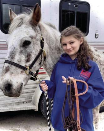 HORSING AROUND: Left-Madalyn Murr and her horse Poncho competed in the Concho County Young Riders play day series. She was awarded a custom headstall at the finals. Madalyn is the granddaughter of Sheriff Buck and Carla Miller, Ray and Gayla Murr, and the great grandaughter of (the late) Horsefly and Elsie Murr.