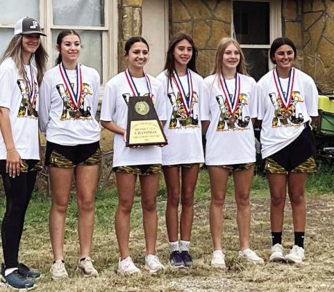 DISTRICT CHAMPS- The district champion Lady Jacket cross country team had 3 runners PR and all place in the top 10. The team is Regional-bound. Pictured are, left to right: Mackenzie Compton, Kendal Lawler, Hailey Ruiz, Danni Ruiz, Kaitlyn Whitaker, Lauren Guerrero. Courtesy photo.
