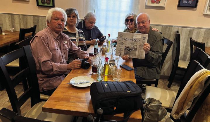 The Menard News returns to Spain: Terry Kelley (featured r to l) recently enjoyed catching up on The Menard News with Carmen and Juan Terreros (honorary citizens of Menard), and Diana and Santos Gonzales before heading to the train station to go to Sarria, Spain for the Camino start. Courtesy photo.