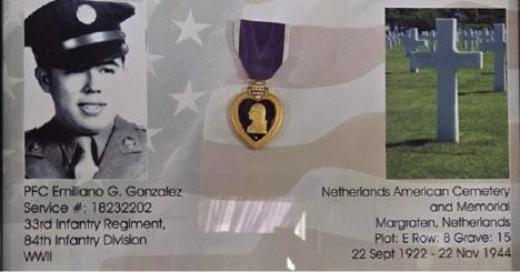 ABOVE- PFC Gonzales's service photo, Purple Heart and final resting place at the Netherlands American Cemetery. Courtesy photo.