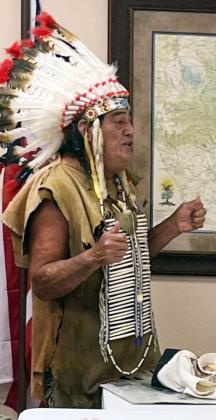 Menard's Ray Hernandez, 'Chief Broken Eagle,' speaks at the Heart of Texas chapter of Daughters of the Republic of Texas meeting in Brady last week. Debbie Vickers, photo.