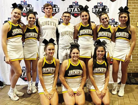 SIXTH PLACE IN THE STATE- MHS cheer squad made a great showing at their first ever appearance at the state UIL Spirit competition earlier this month. Squad members are pictured above. Left to righ, kneeling: Lorelei White, Tatum Ruiz, Ileana Baker. Back row: Cozette Halley, Hailey Ruiz, Brandon Spinks, Kevin Johnson, Makinley Kothmann, Korah Mayfield, Aubree Hernandez. Courtesy photo.
