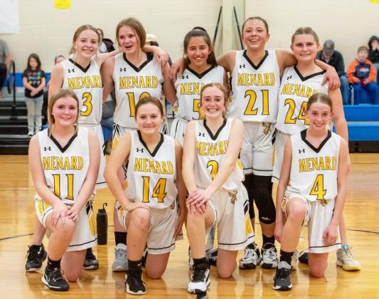THE FUTURE IS BRIGHT for Lady Jacket basketball, as the Junior High girls proved with their undefeated district season. Pictured front row, left to right: Lainey Thigpen, Kailey Morris, Mackenzie Wright, Taytum Chambless. Back row: Isabelle Devine, Sarah Eggleston, Kinsley Carlile, Perla Pecina, Truely Halley. Nora Davis, photo.