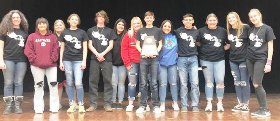 BREAK A LEG: Members of the high school’s advancing One Act Play group are, as pictured left to right: Katelyn Maher, Bethany Ortega, Alice Wood, Kendal Lawler, Ethan Schuler, Kyleigh Zimmerman, Mackenzie Wagner, Roy Brown, Audrey Mazac, Kevin Johnson, Kristen Portilla, Ayden Matlock, Cozette Halley. Courtesy photo.