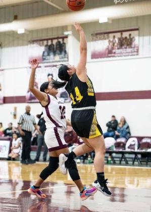 ONE OF MANY- Lady Jacket Tatum Ruiz, a junior, goes up for two in Menard's 82-25 win over Paint Rock on Tuesday. Sandy Kothmann, photo.