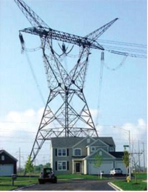 BELOW- This FOSS-contributed image was created to show the size and height comparison of a two-story home next to a tower in the proposed Big Hill to Bell County East transmission line. FOSS (Friends of the San Saba River) photo.