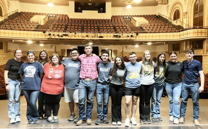 MHS ONE ACT PALY ‘24 pictured in the Murphey Performance Hall (City auditorium) in San Angelo. Left to right: Katherine Russell, Kylee Sommerville, Khloe McCaffery, Alice Wood, Edward Segura, Brandon Spinks, James Hernandez, Jailah Payton, Kevin Johnson, Cozette Halley, Danni Ruiz, Kristen Portilla, Ashton Martin. Courtesy photo.