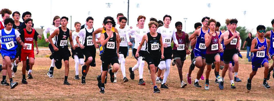 Menard High School runners in the middle of the pack (long sleeves and leggings with black shorts) at the starting line for the Regional Cross Country Meet held in San Angelo on October 24. Photo by Nora Davis.
