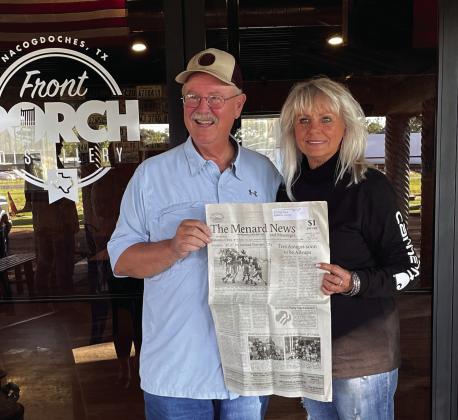 FRONT PORCH KIND OF DAY- Former Menardians Johnny Bradford and Kathy Pearl Duncan caught up on the latest edition of the The Weekly Miracle at Johnny’s distillery, Front Porch, in Nacogdoches. Courtesy photo.