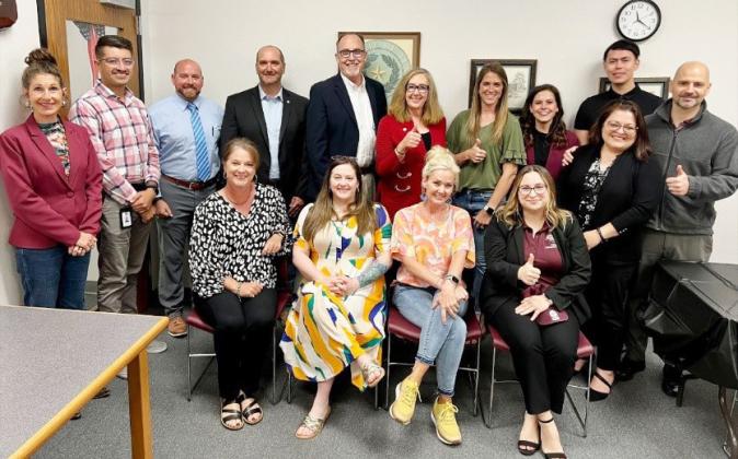Frontera Healthcare Network and the Rural Health Initiative through Texas A&amp;M School of Medicine hosted a meet and greet for area agencies involved in the push to place physicians in rural areas. Pictured first row, left to right: Amy Bannowsky, Cassie Shelton, Paige Wright, Kate Murphy. Back row: Milissa Wright, Alexis Marquez, Jacob Hand, Judge Brandon Corbin, Curtis Donaldson, Dean Amy Waer, Jessica Wright, Mikki Hand, Erika Ramirez, Dave Arellano, and Dr. Faries. Courtesy photo.