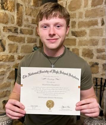 Menard senior Mathis Martin, pictured above, was recently selected to become a member of the National Society of High School Scholars (NSHSS). The Society recognizes top scholars who have demonstrated outstanding leadership, scholarship, and community commitment. Mathis is the son of Ashly and Meredith Martin of Hext. Courtesy photo.
