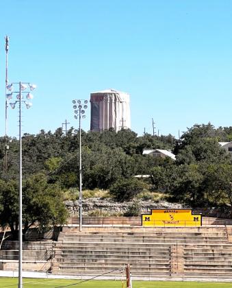 THIS ICON IS GETTING A MAKEOVER- The city's water tower is seen draped in heavy tarps while crews deal with removing lead paint in the process of refurbishing the structure. The project is part of a multi-million dollar partially grant funded upgrade to the City's public water system. TMN photo.