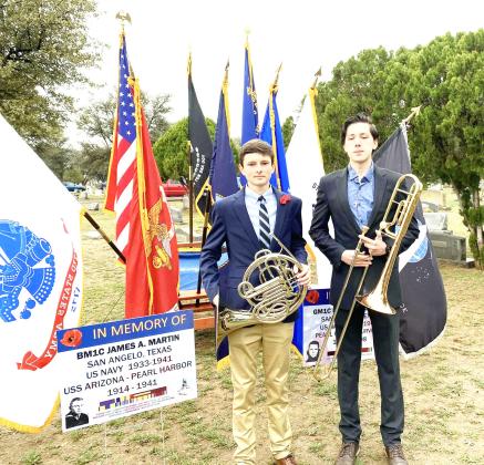 Menard High School's Roy Brown, left, and Aydan Wilson, both recently auditioned and were named to the All-Region Band. They were also asked to play Taps at a Pearl Harbor memorial ceremony in San Angelo. Courtesy photo.