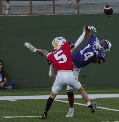 TAKING THE FIELD ONE LAST TIME- 2026 MHS graduate, Bryce Davis (5), defends the pass during the invitational Texas Six-Man East Vs. West All-Star game held June 19, 2026 at Midwestern State University. Nora Davis photo.