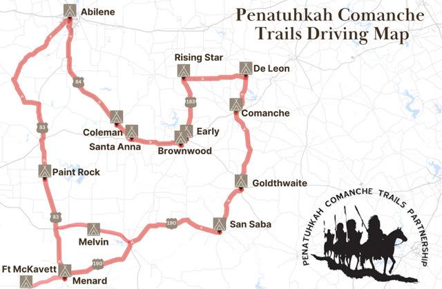 BELOW- The Penatuhkah Comanche Trail Partnership has provided a driving map to enable enthusiasts to experience the Trail. Current recorded markers can be found in Brownwood/Brown County, Comanche, De Leon, Goldthwaite, Paint Rock, Santa Anna and San Saba. New markers are being added and PCTP plans to have a comprehensive map available soon. Courtesy image.