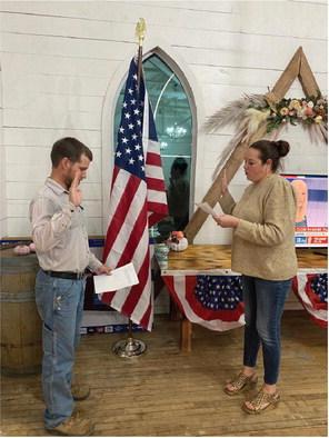 Paul Mews was sworn in as a Republican Party Precinct Chair by Justice of the Peace, Stacy Lawler, at the Republican Party gathering on Election night, November 5. Courtesy Photo.