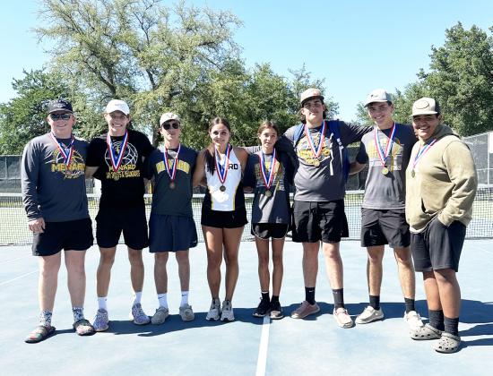 MORE DISTRICT CHAMPS- MHS tennis was well-represented at the District 12 meet this week with several championships and placings. Pictured left to right: Tate Wagner, Wyatt Terrell, Logan Powell, Makinley Kothmann, Danni Ruiz, Aidan Ramon, Cado Bannowsky, Zeke Hernandez. Courtesy photo.