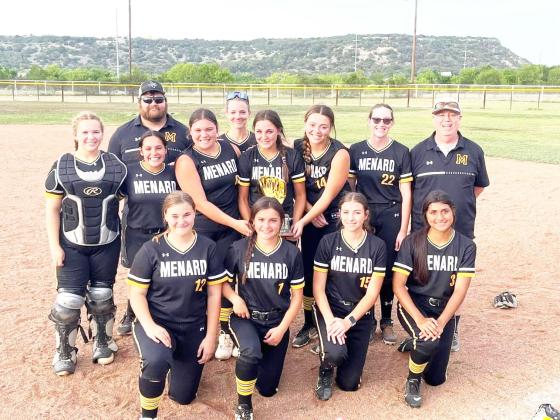 LADY JACKETS ARE SOFTBALL DISTRICT CHAMPS! After forcing a third game and beating out Santa Anna the MHS softball girls are district champions. Their first playoff will be against McCamey in Marfa today, Thursday, April 25. Pictured front row, left to right: Kylie Sommerville, Sabri Zamora, Kendal Lawler, Aubree Hernandez. Back row: Kacey McCollum, coach Trever Wright, Tatum Ruiz, Mackenzie Compton, Makinley Kothmann, Zoe Casteleberry, Katherine Russell, coach Jeff Campbell. Courtesy photo.