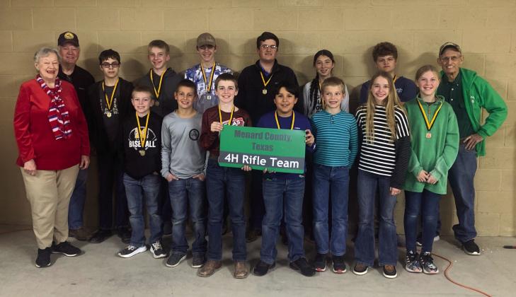 STRAIGHT SHOOTERS- Menard County 4H Rifle team began the season with the district match in January. Pictured above left to right, front row: O’Dan Wright, Logan Kumato, Kallan Wright, Trevor Mazac, Roy Mews, Tatum Chambless, Caitlyn Burch. Second row: Mrs. Betty Jackson, coach Terry Kelley, Jackson Thigpen, Benjamin Burch, Wesley Compton, Larkin Loeffler, Mia Estrada, Maddock Murr, coach David Hand. TMN photo.