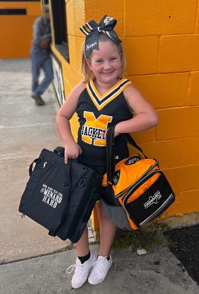 Ms. Harper Butch was the big winner of the News' prize pile giveaway at Friday's Meet the Jackets. Harper walked away with a handful of loot from Sumerland Public House, Los Abuelos, Hill Leathercraft, and FINDARANCH.com. Harper, a mini-cheerleader who performed Friday evening, is the daughter of Yancy Butch and Chelsea Nicholas. TMN photo.