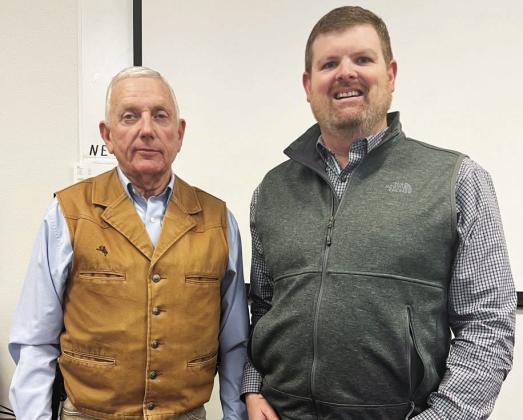 Menard Business Association President Michael 'Buck' Bostwick, left, helped welcome Dist. 53 Republican candidate Hatch Smith, right, to the association's weekly meeting last week. Smith's opponent on the primary ballot, Wesley Virdell, will be at the luncheon this week. TMN photo.