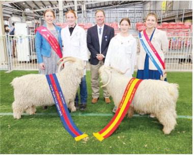 Jason Bannowsky, center, recently traveled to Sydney, Australia to judge the Sydney Royal Easter Show's Mohair goat category. He is pictured here with the Grand Champion and Reserve Grand Champion senior Angora Bucks and their exhibitors. The Royal is the country's largest ticketed event annually. Courtesy Photo.