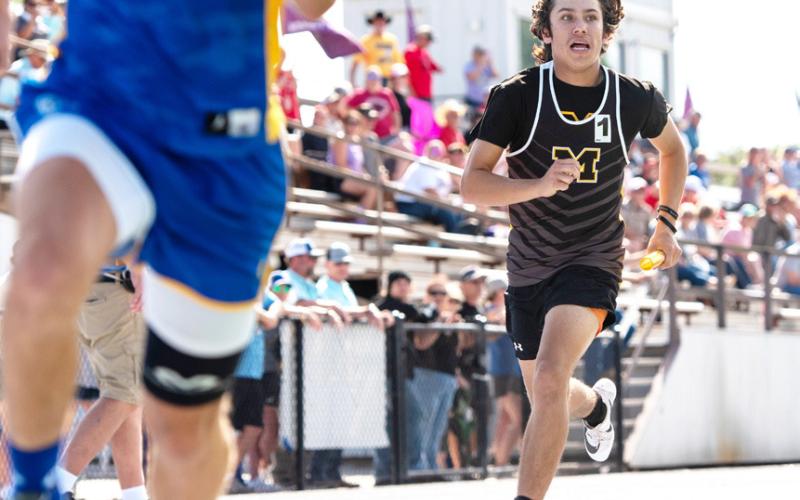 LEFT- Sophomore Marlee Salas races to catch the runner in front of him during the boys’ sixth place 4x400m relay finish at the area meet in Mertzon last week. Nora Davis, photo. See page 8 for more area track coverage.