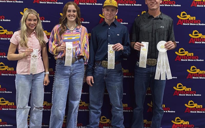 The Menard Wool judging team was the top placing 4-H team at the recent San Antonio Livestock Show Contest; FFA teams took 1 and 2. The team of (l to r) Taytum Chambless, Makenzie Wright, Kade Bannowsky and Cado Bannowsky placed third overall in a tough contest. There were 40 teams total and 115 contestants. The Menard Wool and Mohair team is coached by Jason Bannowsky. Courtesy photo.
