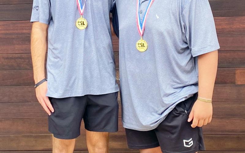 WITH THEIR REGIONAL GOLD MEDALS secured following victory over Sanderson, seniors Cado Bannowsky, left, and Zeke Hernandez now have their sights set on the state tennis meet where they look to improve upon their impressive bronze medal finish last year. This will be both athlete's second trip to the state tennis meet, which will be held May 7 and 8 at the Blossom Tennis Center in San Antonio J. Bannowsky, photo.