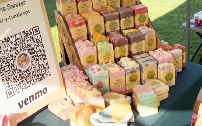 A variety of items are available at the Menard Farmers Markets held each Friday evening at American Legion Park. Guests can enjoy live music while perusing vendor booths and refreshments. Pictured above are handmade soaps by Mar-Y- Luna.