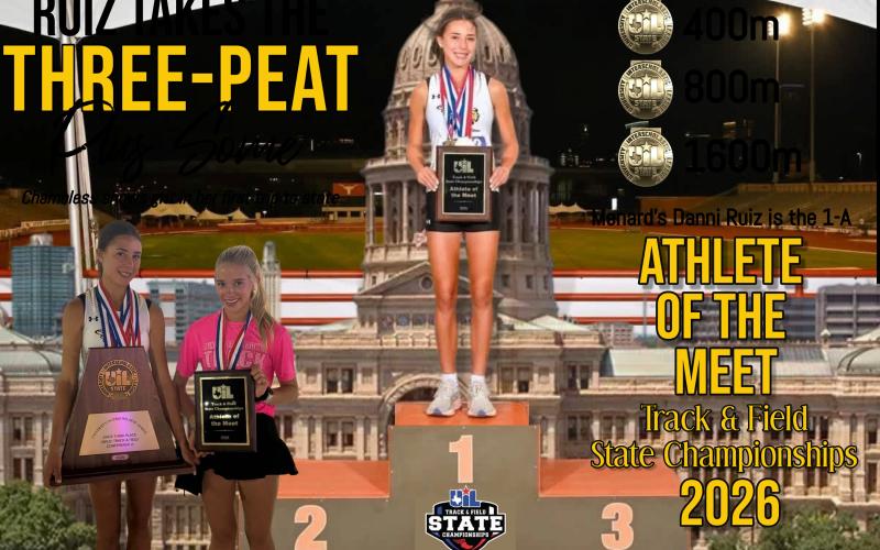 BRINGING HOME THE HARDWARE- Danni Ruiz and Taytum Chambless show off their third place team plaque and Ruiz's Athlete of the Meet award after the 2026 UIL State Track &amp;amp; Field Championships where Ruiz won the gold in the 400m, 800m, and 1600m on Saturday in Austin and Chambless placed 7th in the 3200m. Courtesy photos.