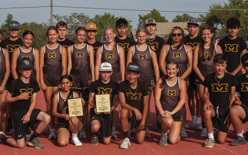 JUNIOR HIGH TRACK CHAMPS- Both girls and boys earned district track and field champions last week. Pictured kneeling (l-r): Kallan Wright, Tonya Resindez, O'Dan Wright, Greyson Valdez, Claire Corbin, Karson Mayfield, Jose Gonzales. Middle: Nayeli Hernandez, Kelsey Aguirre, Channing Chambless, Aerie Meddaugh, Caitlyn Burch, Stori Halley, Rylee Graham, Kate Baker. Back: Hayden Quintero, River Salas, Mason Mireles, Easton Sanchez, Dawson Nicholas, Andon Castleberry, Ian Brown. Nora Davis, photo.
