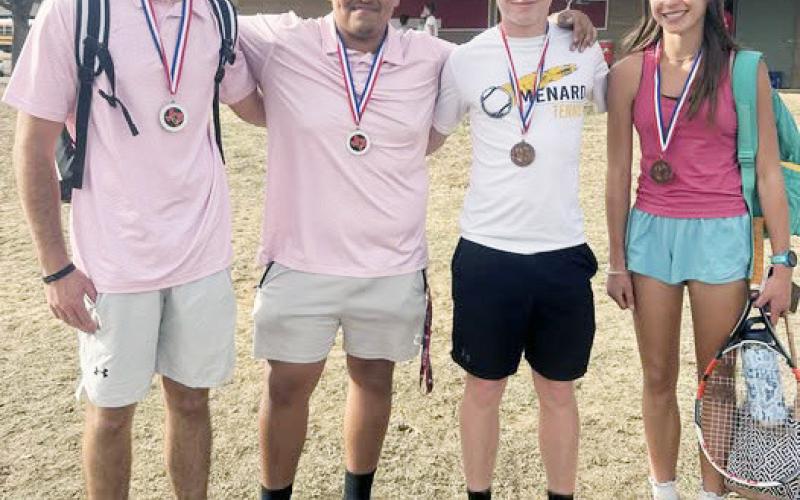 These MHS tennis players had a good day at the Fredericksburg meet last week. Cado Bannowsky (far left) and Zeke Hernandez were first place in the boys doubles. Cado and Zeke are the 2025 boys state doubles silver medalists. Kade Bannowsky and Danni Ruiz were third in mixed doubles. Courtesy photo.