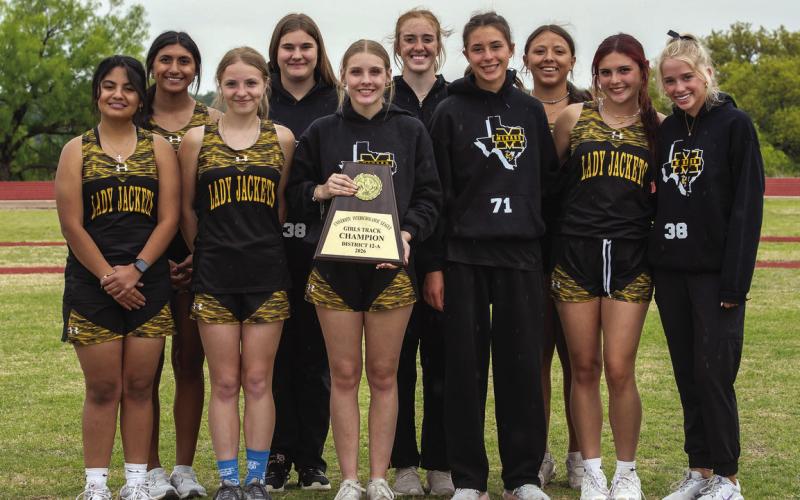 LADY JACKETS ARE DISTRICT CHAMPS ONCE AGAIN in track and field. Pictured front row, left to right: Monserrat Gonzales, Isabelle Devine, Caitlyn Whitaker, Danni Ruiz, Sabri Zamora, Taytum Chambless. Back: Aubree Hernandez, Kylee Sommerville, Makenzie Wright, Perla Pecina. Nora Davis, photo.