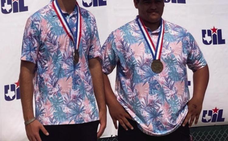 STATE MEDALISTS- in boys tennis doubles are Menard's Cado Bannowsky and Zeke Hernandez. The team took home the bronze in San Antonio last week after defeating Sidney and Zephyr, and then falling to eventual silver medalists, Miami. Benjamin HS won the gold. Great, season, Jackets! Courtesy photo.