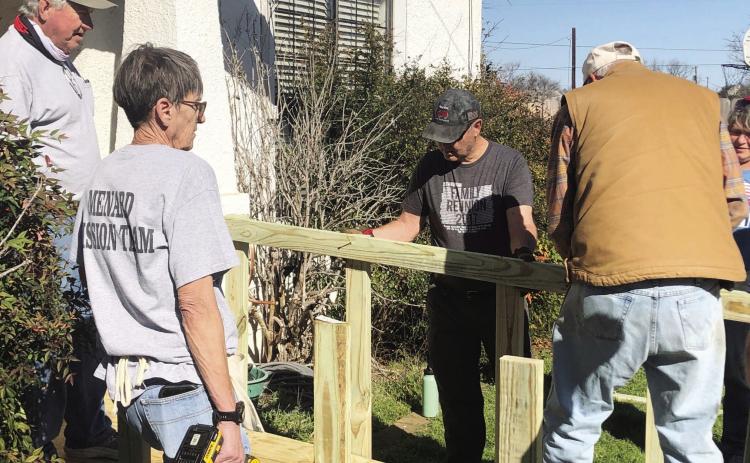 NEIGHBORS HELPING NEIGHBORS- Experienced Menard Mission Team members recently assisted a Texas Ramps Project in Brady with a crew new to the program. Pictured left to right: Steve Whitson, Sandy Kothmann, Randy McVeigh, Billy Kniffen, Benjie Laning helping get the ramps project team established in Brady. Courtesy photo.