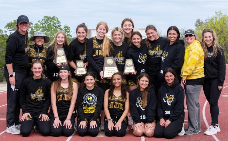 MINING THAT GOLD- MHS Lady Jacket track and field had a great district meet last Thursday on their home turf. The advancing athletes from the district champion team compete today at the regional meet in Mertzon. Courtesy photo.