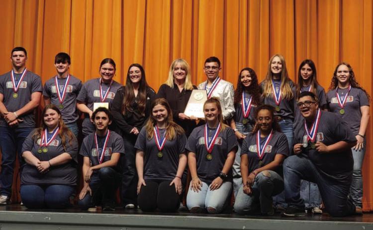 OAP CAST AND CREW: front row, l to r: Alice Wood, James Hernandez, Khloe McCaffery, Kylee Sommerville, Asia Heiser, Edward Segura. Back row: Brandon Spinks, Ashton Martin, Kristen Portilla, Coach Rebekah Cook, Coach Michelle McSherry, Kevin Johnson, Jailah Payton, Cozette Halley, Danni Ruiz, and Kasey McCollom. Courtesy photo.