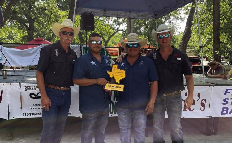 THE CHAMPS- The Smokin' Borrachos of Menard are the overall grand champion cookers in the Jim Bowie Day Cookoff. The team racked up second place brisket, second place ribs, and third place chicken. Pictured left to right: Lee Thornhill, Chamber director; Isaac Saiz; Guillermo 'Mamo' Castenuela; Clint Roberson, Chamber director. MCCC photo.