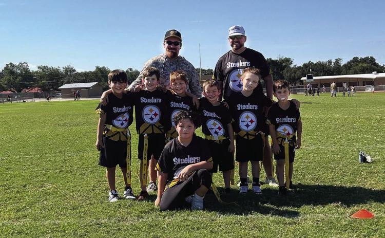 Menard 8U flag football team the “Steelers” competed in the Brady Youth Sports Organization league. Pictured (l to r) Luis Villanueva, Jackson Smith, Chase Ross, Lincoln Wallace (front), Carter Tipton, Easton Wallace, Haiden Hand. Coaches Cooper Tipton and Jacob Hand.