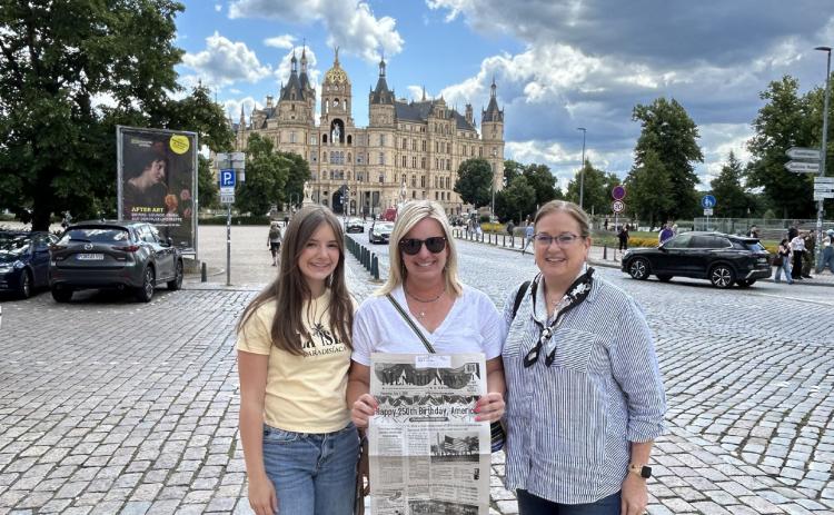 Last week they were in Paris, and this week they are at the Castle of Schwerin in Germany. Claire and Valera Corbin and Cordelia Kothmann continued their European tour in the city of Schwerin, the capital of Mecklenburg-Vorpommern state, Germany. The castle is situated on an island in the city’s main lake, Lake Schwerin. Thanks for taking us along, ladies! Courtesy photo.
