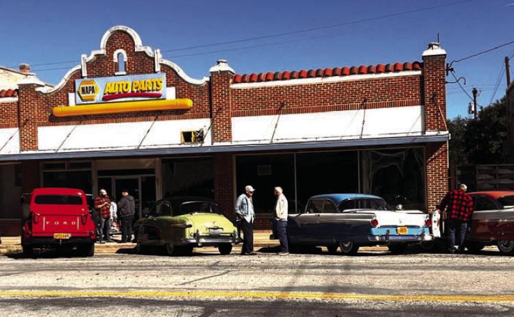 1950’S BEAUTIES (l to r): 1956 Ford Fairlane Crown Victoria owned by Jack Sawyer of the Dallas Early Ford V-8 Club; 1955 Ford Truck owned by Jeff Comley of the Dallas Early V-8 Ford Club; 1954 Ford Crestliner owned by Ken Ballew of the Dallas Early V-8 Ford Club; 1955 Ford Victoria owned by Ken Lewis of the Big Country Early V-8 Club, and 1956 Ford Victoria owned by Ila (and husband Cecil) Brown of the Big Country Early V-8 Ford Club. TMN Photo.