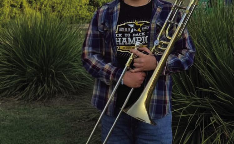 MHS senior Tristan Wilson, pictured above, recently earned 6th chair at the regional Association of Texas Small School Bands (ATSSB) Jazz competition. The accomplishment qualifies him to represent Menard High School as an official member of the Regional Jazz Band. Courtesy photo.