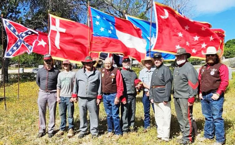 The local Sons of Confederate Veterans (SCV) Camp 2326 recently honored Confederate soldiers laid to rest at Pioneer Rest Cemetery, as well as across Menard County. Pictured after the ceremony is, left to right- Wayne Carlile, Will Masters, Danny Masters, John Kniffen, Gary Bates, Bill Adcock, Terry Kelley, Barry Kniffen, Cody Swindall.