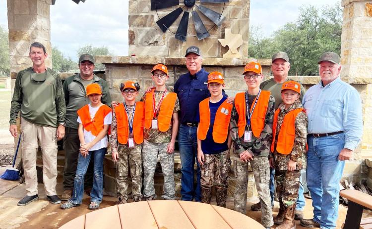 IT TOOK A VILLAGE for these first-responder family kids to hunt with the best, and the village made it happen. Adult leaders for the Stone Creek Ranch youth hunt, pictured left to right include Mike Lockridge, Jose Villalobos,Gary Roberson, Jay Hawkins, Jim Hawkins. Courtesy photo.