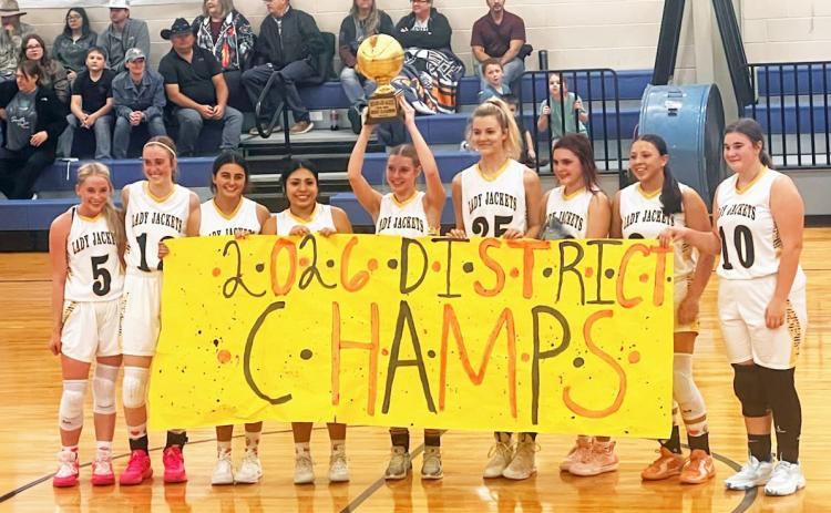 OFFICIAL DISTRICT CHAMPS- The Menard Lady Jackets secured their district championship with a dominant win over Paint Rock on Tuesday. The undefeated Menard girls must now face Irion County in the bi-district round of playoffs. That game is scheduled for Monday, Feb. 16 at San Angelo Lake View High School at 7:30. Pictured left to right: Taytum Chambless, Makenzie Wright, Lauren Guerrero, Kylie Ibarra, Kaitlyn Whitaker, Mackenzie Compton, Sabri Zamora, Perla Pecina, Kylie Sommerville. TMN photo.