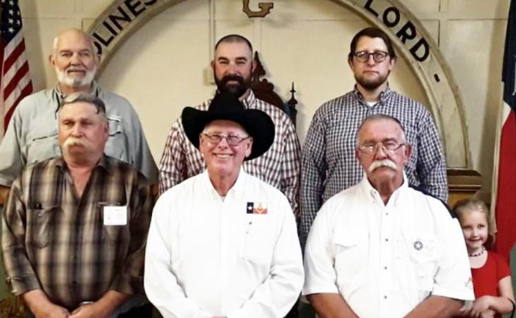 Lodge officers present for the 125th anniversary reception of Menard’s Ft. San Saba Lodge #784 are, front row, left to right: Jay Wright, Robert Woolf, James Lafosse. Back row: Tom Compton, John Compton, Cody Mobley (and Georgina Mobley!). Courtesy photo.
