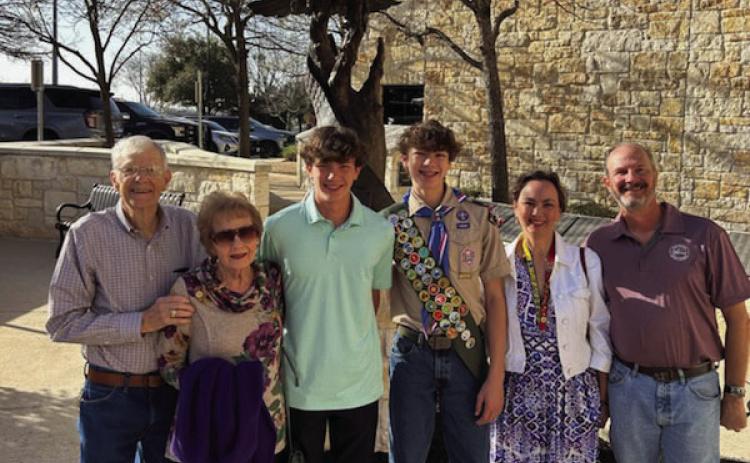 PROUD OF THEIR EAGLE SCOUT- left to right: Bill and Jo Ann Royal, Nicholas and Jake Royal, Annette and Greg Royal together after Jake accepted in Eagle Scout pin and sash. Courtesy photo.
