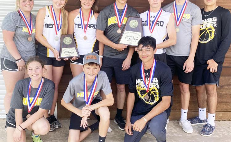 SERVING UP SOME DISTRICT TITLES- MHS tennis teams competed in the district tennis tournament on Tuesday, March 29 in San Angelo. Pictured are front row, left to right: Kendall Lawler, Roy Brown, Kolton Whitaker. Back row: Mackenzie Wagner, Addy Bannowsky, Makinley Kothmann, Joel Guerrero, Houston Hayes, Wyatt Terrell, Jay Guerrero. Courtesy photo.
